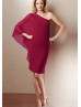 One Shoulder Burgundy Chiffon Midi Mother Dress 